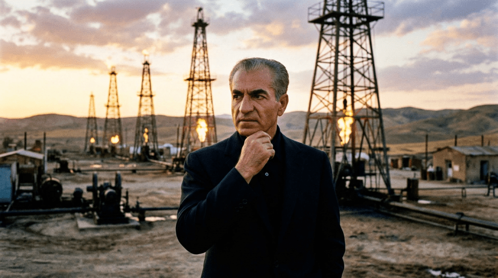Man in dark suit standing near oil derricks with flames at sunset
